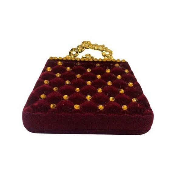 Artisan Christmas Red Velvet Rhinestone Satchel Purse Large Statement Brooch - Picture 5 of 8